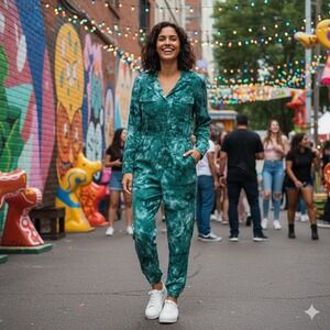 Khush Womens Green Tie Dye Jumpsuit SZ Small‎ Long Sleeve Button Up Pockets